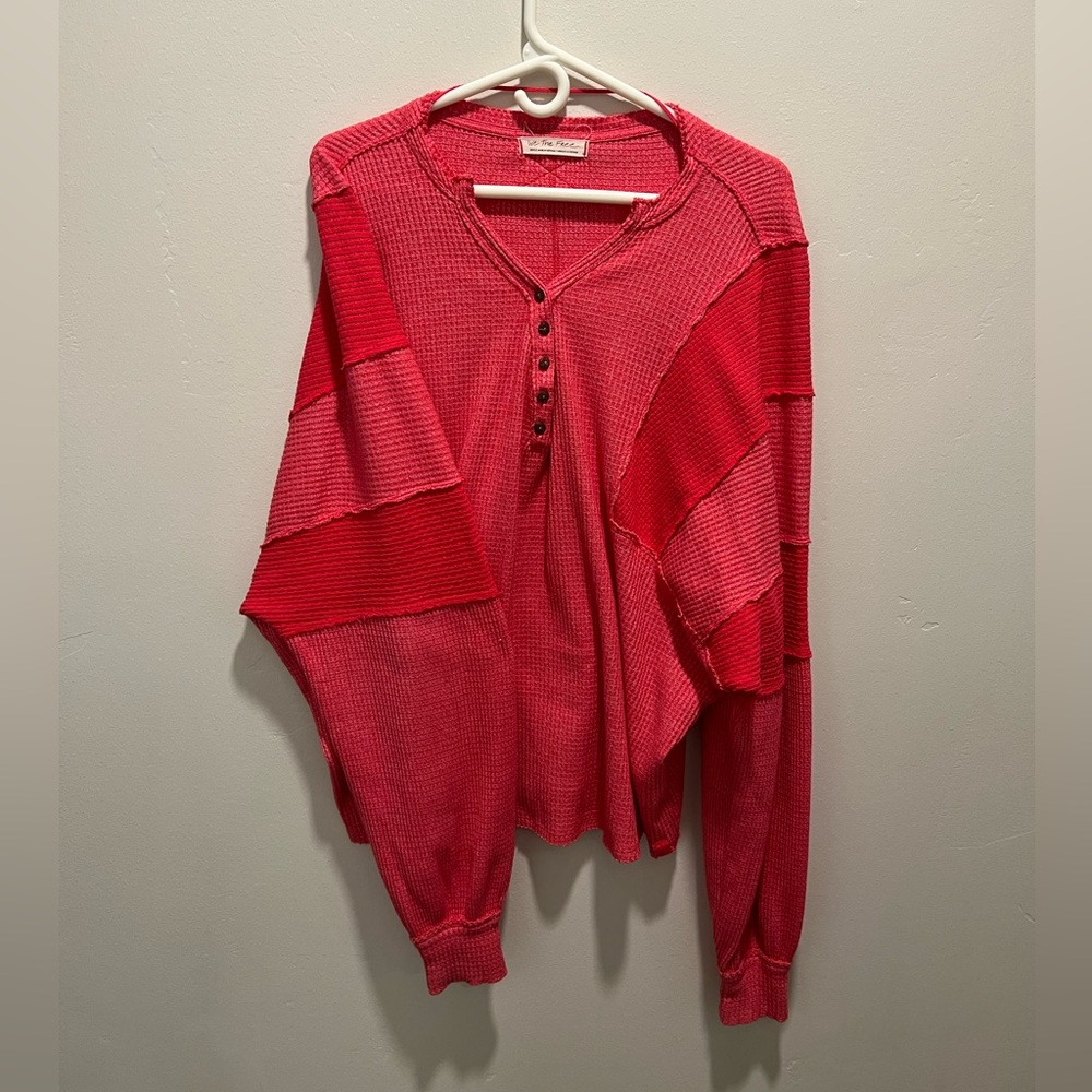 Free People Red Long Sleeve Patchwork Sweater